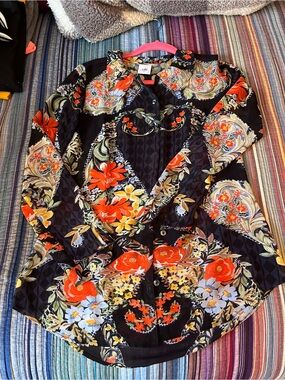 CAbi Black Floral Button-Front Top with Red and Blue Blooms